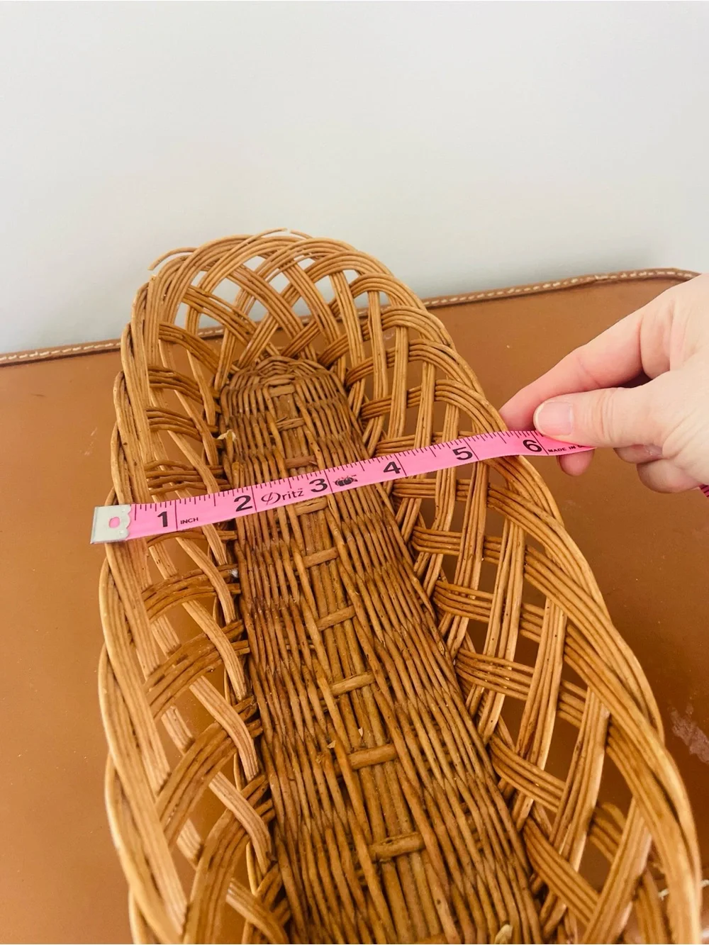 Woven Rattan Oblong Basket Natural Brown Open Weave Diagonals Scalloped Edges